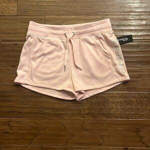 NWT Bebe Sport Shorts in Pink Parfait with Iridescent Side Logo Size M